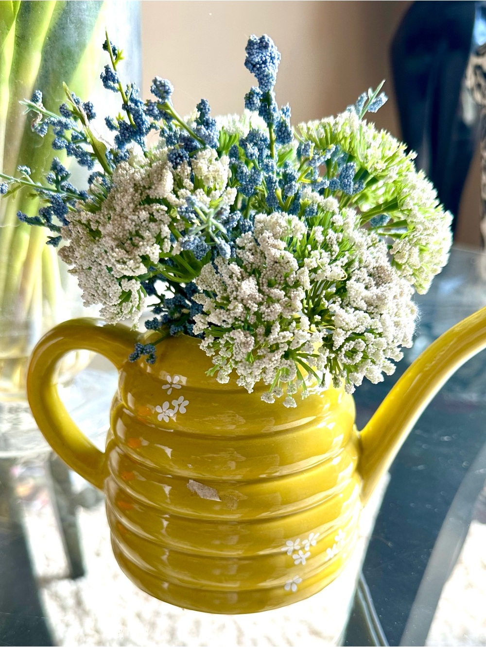 Yellow Ceramic Bee Hive Watering Can Vase with Blue & White Floral Accents 10x10